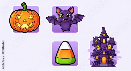 Festive Halloween concept smiling jack-o'-lantern, cute purple bat, traditional candy corn, spooky haunted house illustration, perfect for autumn holiday designs.
