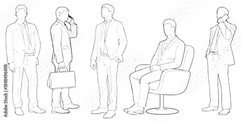 Line art illustration depicting several businessmen in suits and office furniture