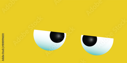 A pair of cartoon eyes with black pupils looking downwards on a bright yellow background, conveying a bored or unimpressed expression.