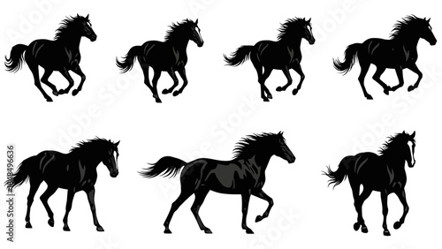 Black Horse Galloping Animation Sequence in Silhouette against a White Background
