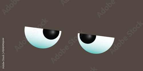 Two stylized cartoon eyes with light blue irises and black pupils looking down, set against a dark background, conveying a bored or skeptical expression.