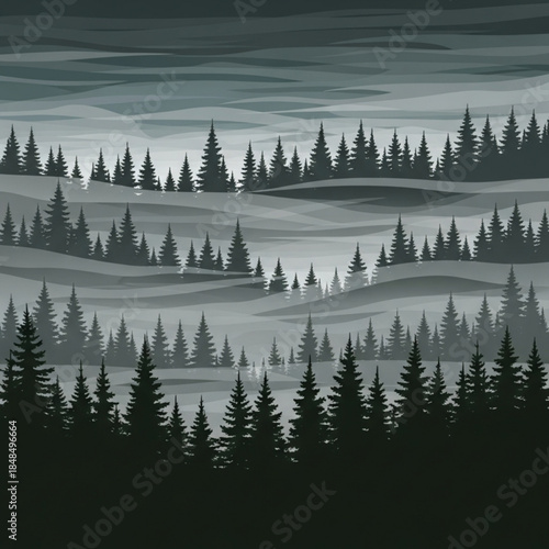 Misty evergreen forest landscape layered hills and trees in a dark moody atmospheric illustration for nature backgrounds