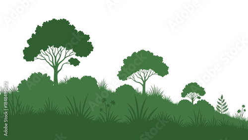 Lush Greenery Landscape With Diverse Trees and Bushes Under a White Sky