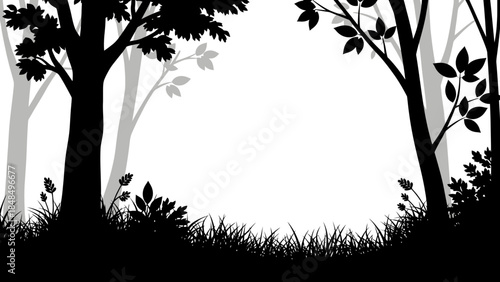 Silhouette of a Forest with Trees and Grass in Black and White