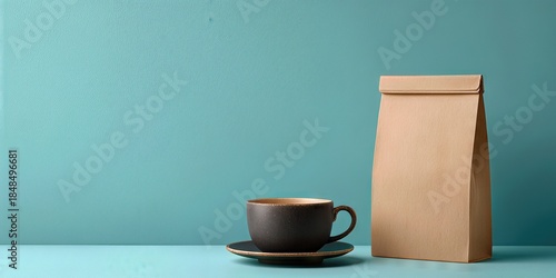 Coffee and Package: a simple brown paper package standing tall, beside a cup of coffee ready to be served. a moment captured of simplicity and quietude