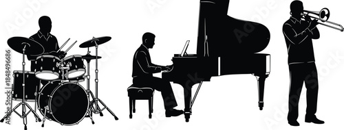 Silhouette illustration of three musicians performing with drum set, grand piano, and trombone, ensemble artwork for music design