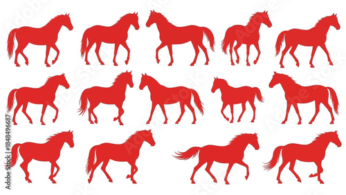 Collection of red horse silhouettes in various running poses, representing motion and equestrian themes