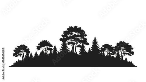 Silhouette of a dense forest with various trees, symbolizing nature, wilderness, and ecological landscapes