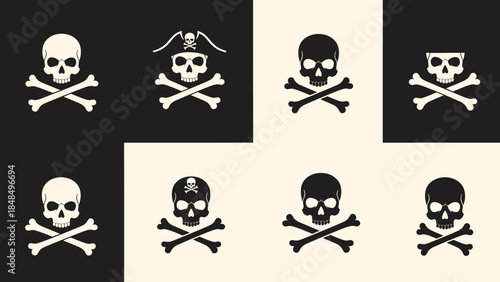 Collection of Skull and Crossbones Icons Representing Danger, Piracy, and Warnings