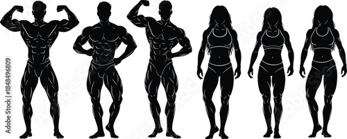 Silhouette illustration of six muscular male and female figures flexing and posing, showcasing bodybuilding and fitness anatomy artwork