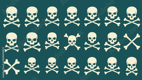 A collection of pirate skull and crossbones symbols representing danger and death on a teal background