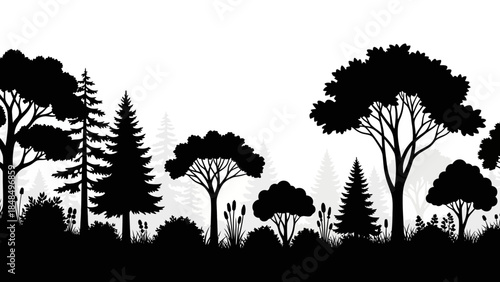 Seamless black and white silhouette of a dense forest edge with varied trees and undergrowth against a white background, ideal for graphic design and nature themes