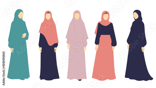 Diverse Muslim women in traditional modest clothing, showcasing different styles of hijabs and abayas
