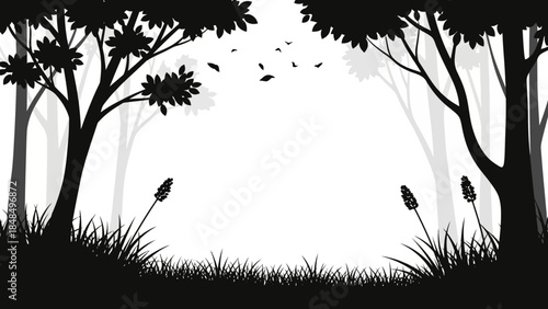 Silhouette Forest Landscape with Trees and Grass on a White Background