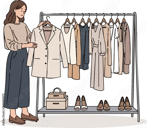 Woman selecting clothes from a rack showcasing fashion and personal style.