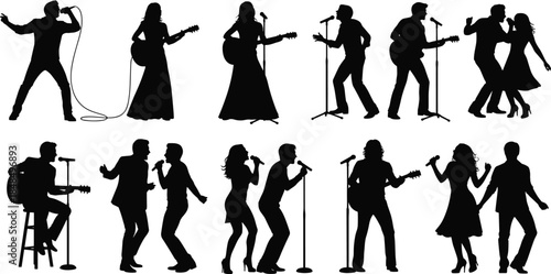 Silhouette illustration of twelve musicians and dancers performing with microphones, guitars, and expressive poses for entertainment artwork