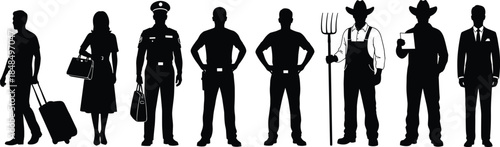 Silhouette illustration of eight diverse professions including traveler, shopper, police officer, farmer, cowboy, businessman, and athlete
