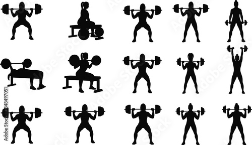 Silhouette illustration of fifteen weightlifters performing squats, bench presses, overhead lifts, and strength training exercises for fitness artwork