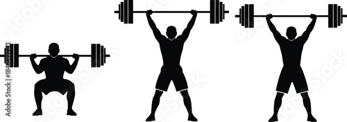 Silhouette illustration of three weightlifters performing squat and overhead barbell lifts, strength training and fitness exercise artwork