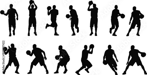 Silhouette illustration of twelve basketball players in dynamic action poses including dribbling, shooting, passing, and defensive stances