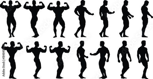 Silhouette illustration of muscular male figure in multiple poses showing anatomy, strength, and motion for fitness and design