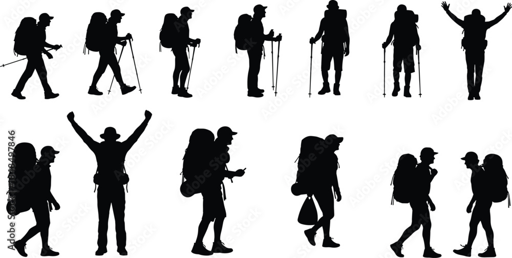 Obraz premium Silhouette illustration of twelve hikers carrying backpacks and trekking poles in various outdoor poses for adventure and exploration design