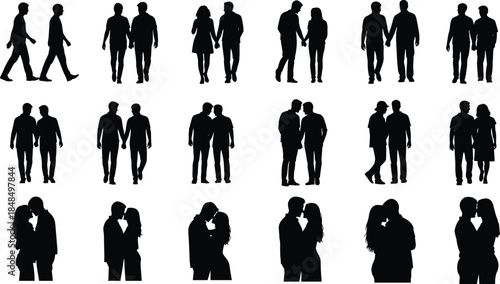 Collection of twenty couple silhouette illustrations showing romantic poses, walking, holding hands, embracing, and kissing for decorative design