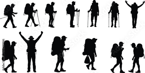 Silhouette illustration of twelve hikers carrying backpacks and trekking poles in various outdoor poses for adventure and exploration design