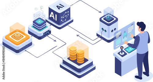 Man Interacting with AI and Data Processing System.