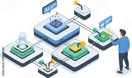 Man Interacting with AI and Machine Learning Systems.