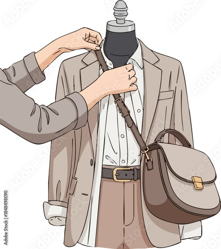 Hands adjusting a stylish handbag on a mannequin dressed in a blazer and shirt.
