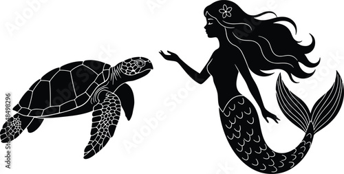 Black silhouette illustration of mermaid interacting with sea turtle, ocean fantasy design suitable for mythology, aquatic art, and decorati