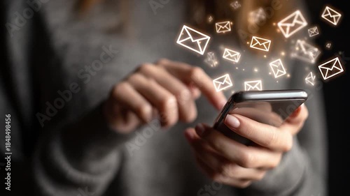 Woman using smartphone with email icons close up