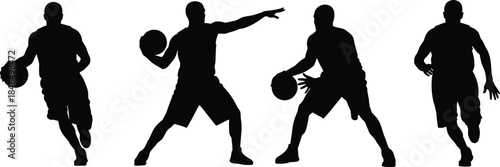 Silhouette illustration of four basketball players dribbling, passing, and shooting in dynamic action poses for sports artwork