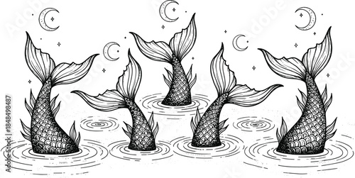 Black and white illustration of five mermaid tails emerging from water with crescent moons, stars, ripples, and whimsical magical atmosphere