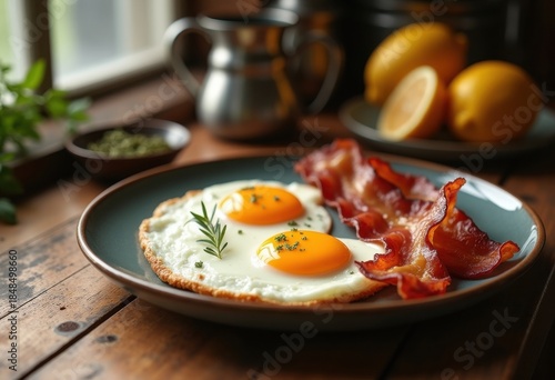 Classic Breakfast of Crispy Bacon Eggs Deliciously Presented on a Vintage Plate