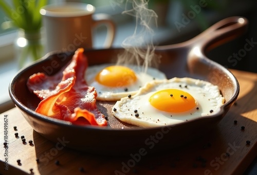 Classic Breakfast Arrangement of Perfectly Cooked Bacon and Eggs on Vintage Ceramic Dish