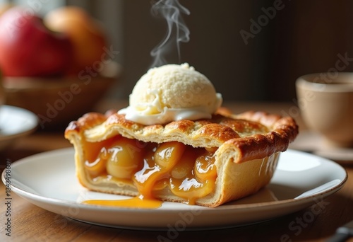 Classic Apple Pie Enticing Vanilla Scoop Creamy Contrast Cozy Dessert Presentation