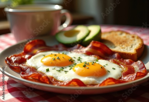 Classic Bacon and Eggs Breakfast Arrangement on a Vibrant Checkerboard Tablecloth