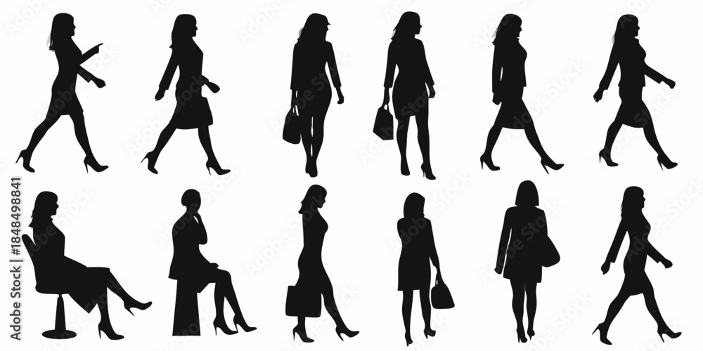 Obraz premium Silhouettes of fashionable women walking and posing in various outfits