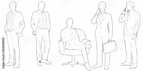 Line art illustration of businessmen in suits some talking on phones