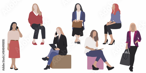 Diverse group of women in modern attire casually seated and standing