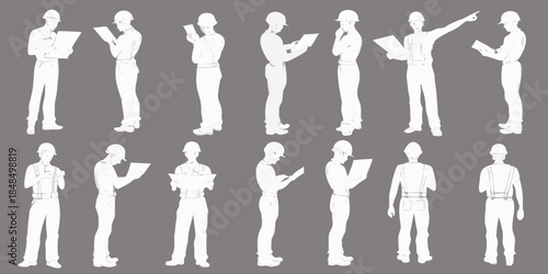 Silhouettes of construction workers in various poses against a gray backdrop