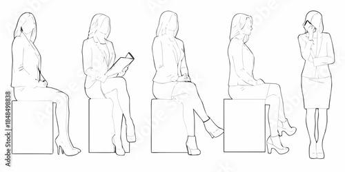 Line art illustration of women in business attire seated on cubes