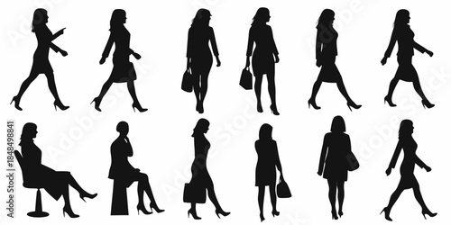 Silhouettes of fashionable women walking and posing in various outfits