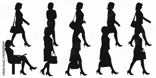 Silhouettes of fashionable women walking and sitting with handbags