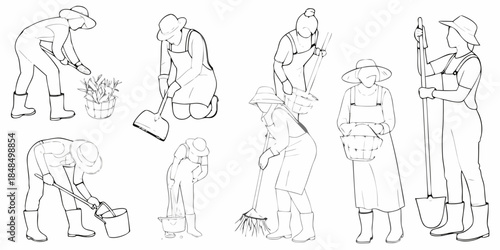 Line art illustration depicting various gardeners tending to plants and fields