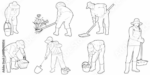 Gardening people a collection of sketches depicting individuals tending to plants