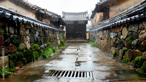 Misty Stone Alley Between Traditional Rooftops.