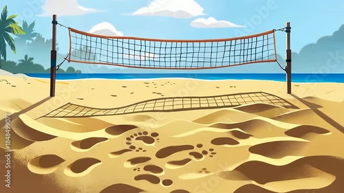 Sunny Beach Volleyball Net On Warm Sand With Ocean View.